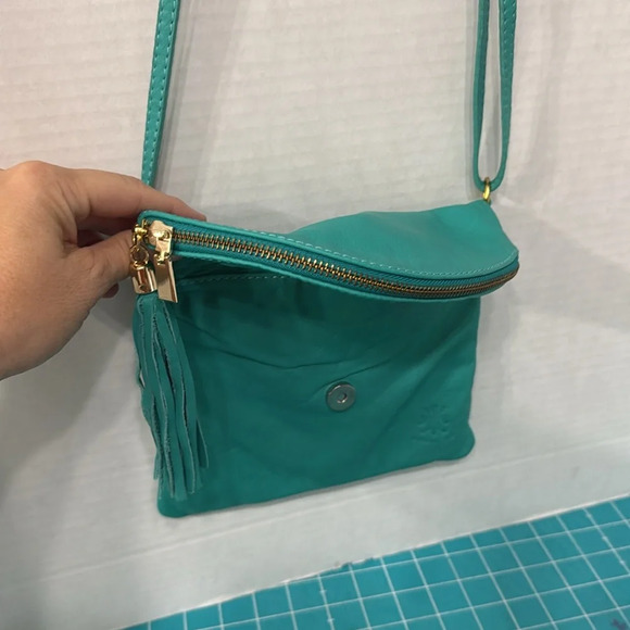 Made in Italy Genuine Leather Teal Crossbody Handbag with Zipper Tassel - Picture 7 of 10